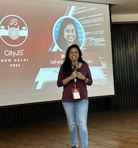 Shruti Balasa on stage at CityJS Delhi 2024 Conference